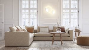 Scandinavian interior design living room 3d render with beige colored furniture and wooden elements